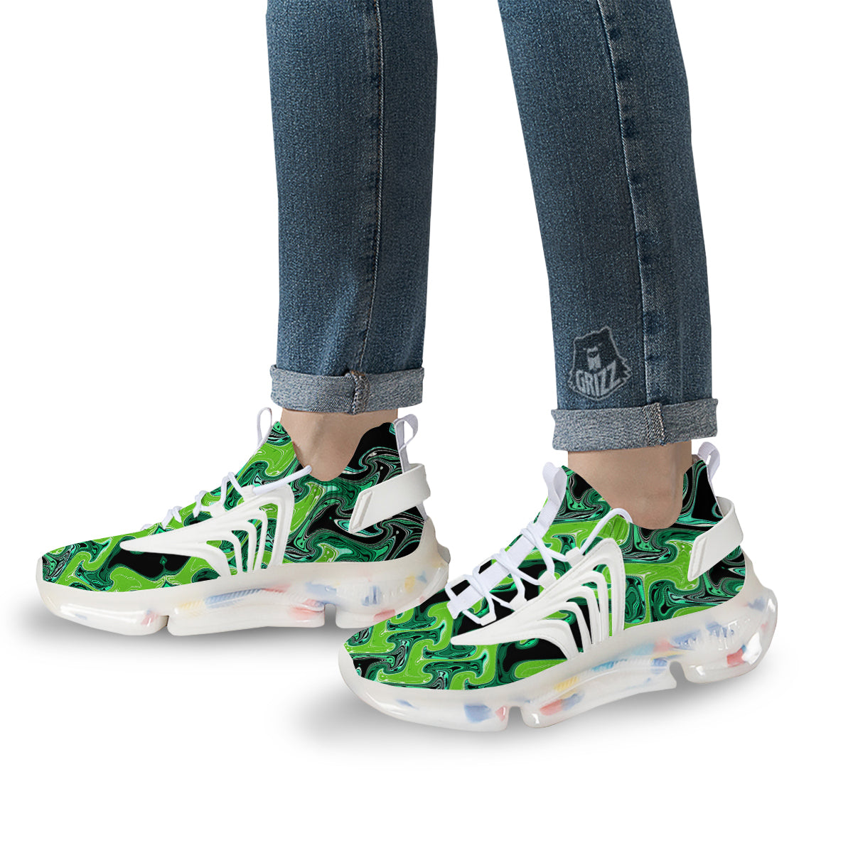 Psychedelic Wave Liquid Green Print White Gym Shoes-grizzshop