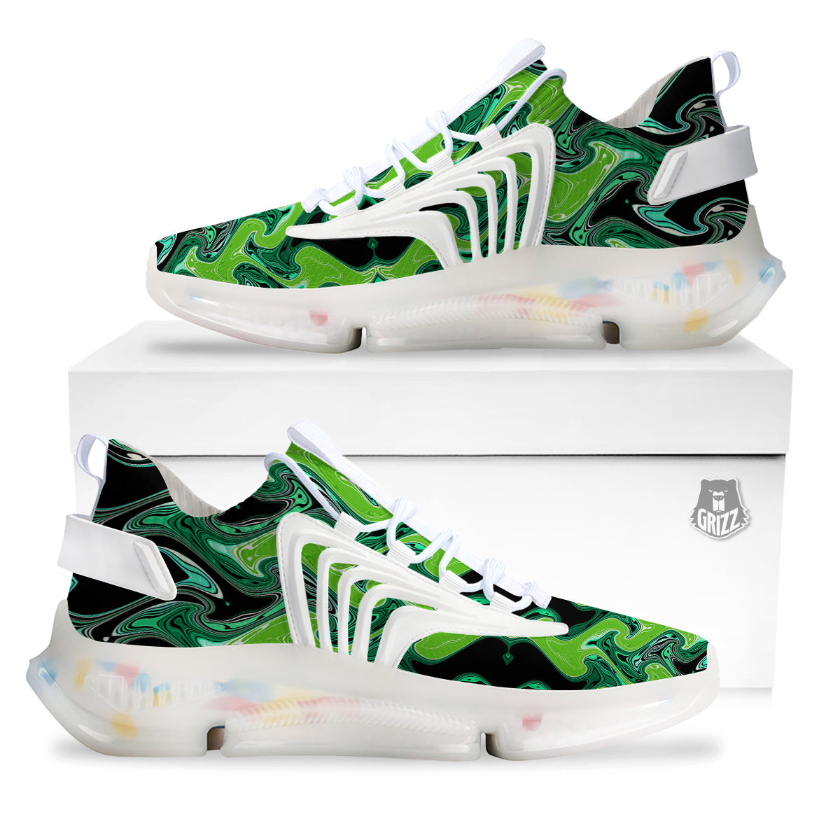 Psychedelic Wave Liquid Green Print White Gym Shoes-grizzshop