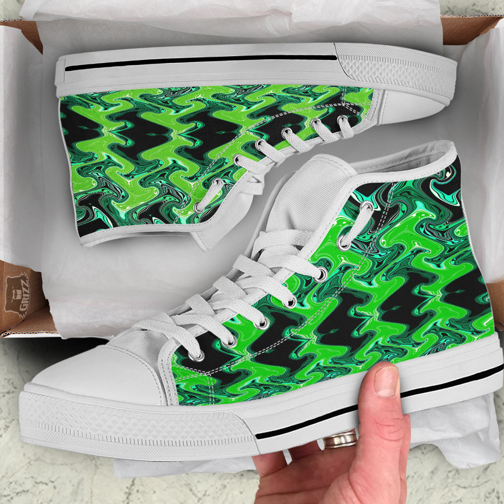 Psychedelic Wave Liquid Green Print White High Top Shoes-grizzshop