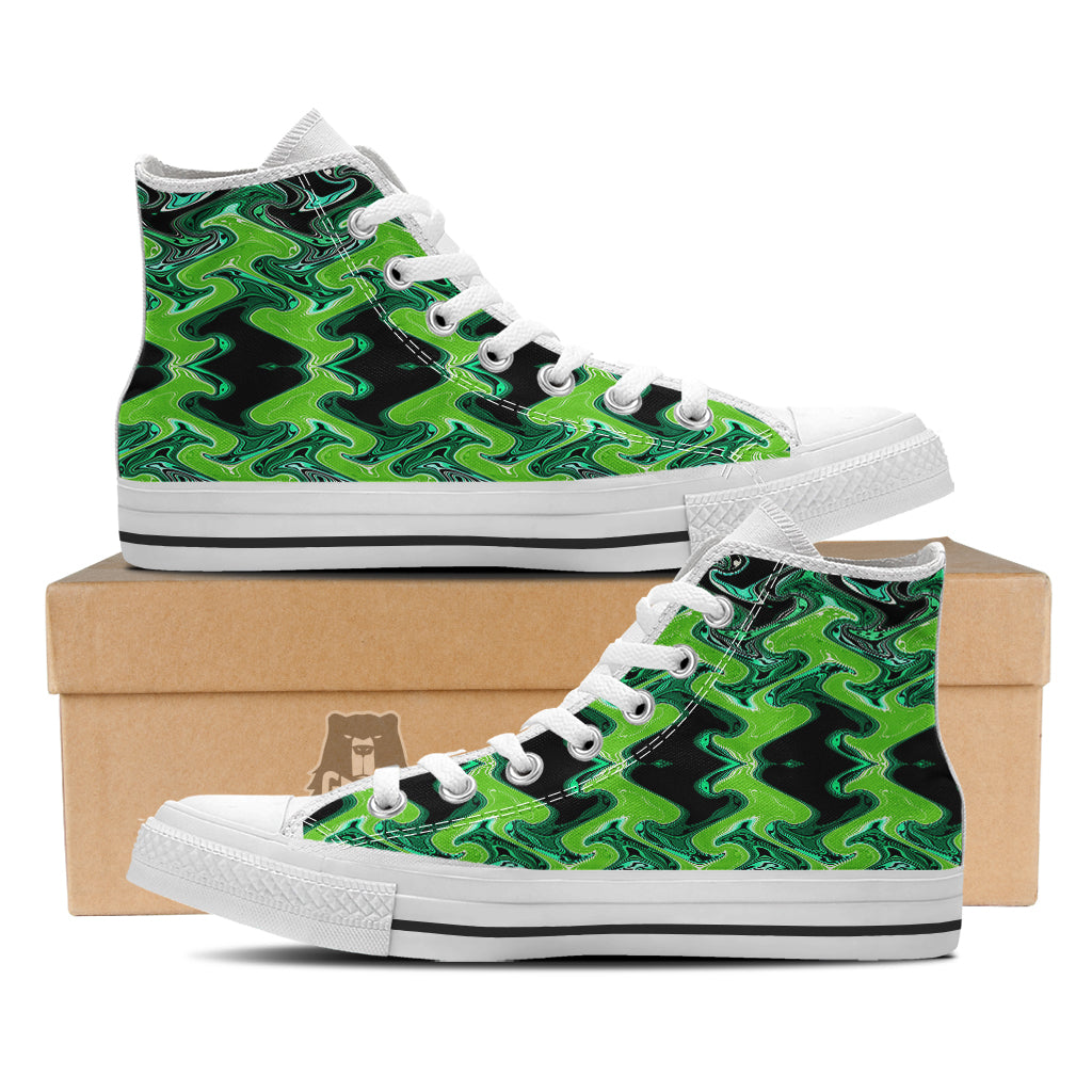 Psychedelic Wave Liquid Green Print White High Top Shoes-grizzshop