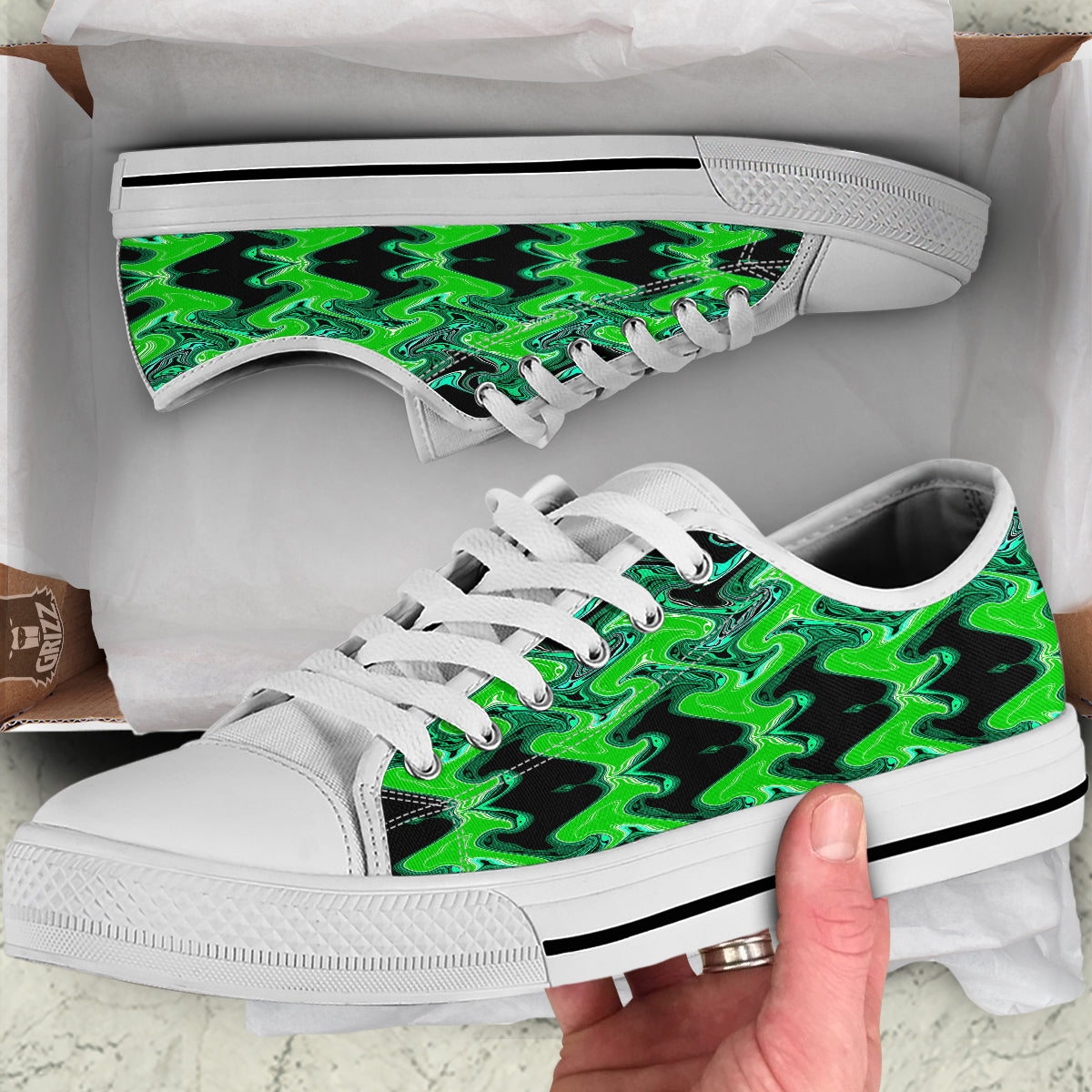 Psychedelic Wave Liquid Green Print White Low Top Shoes-grizzshop