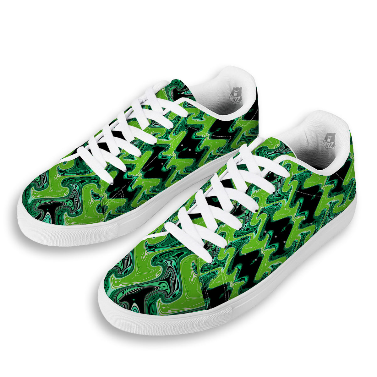 Psychedelic Wave Liquid Green Print White Low Top Sneakers-grizzshop