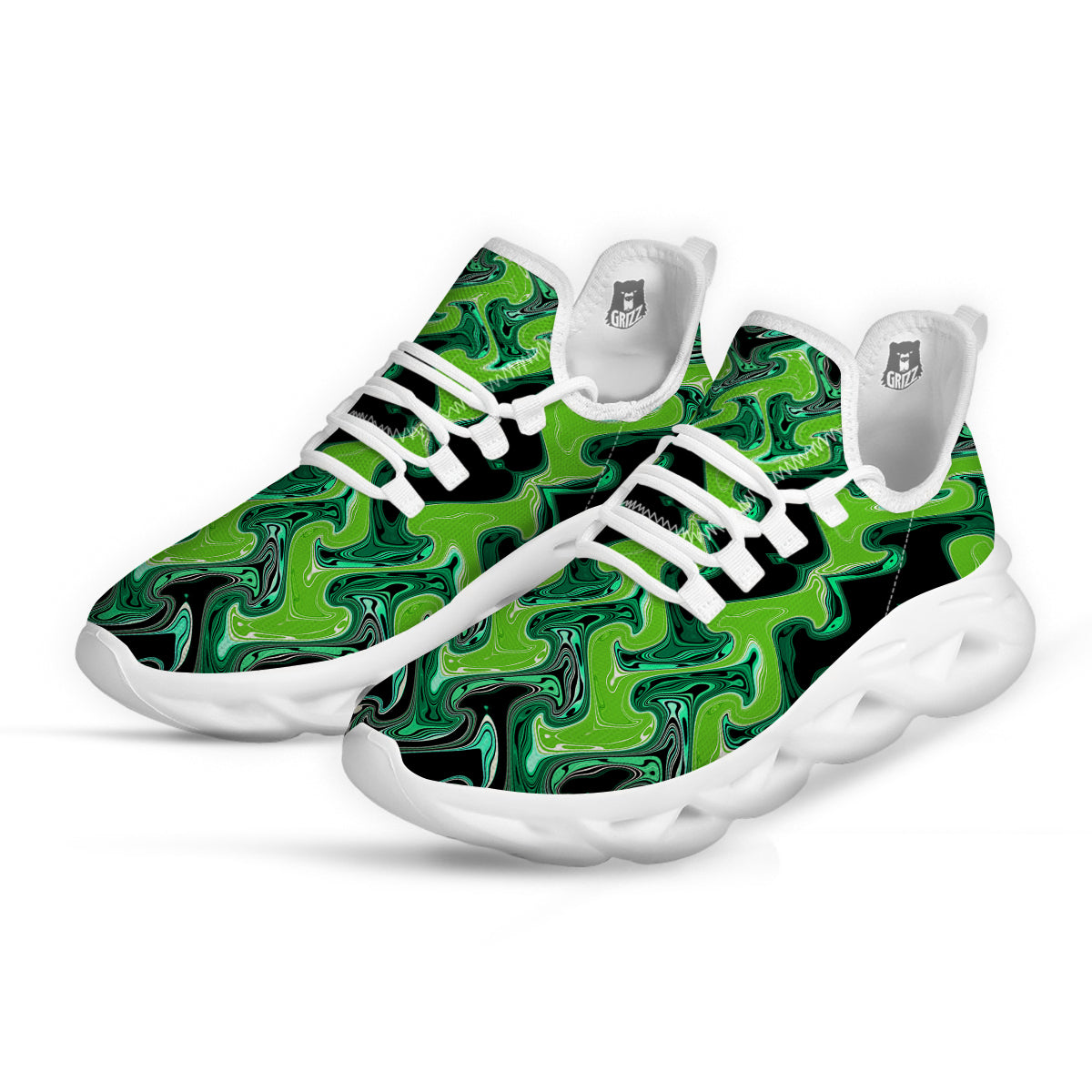 Psychedelic Wave Liquid Green Print White Running Shoes-grizzshop