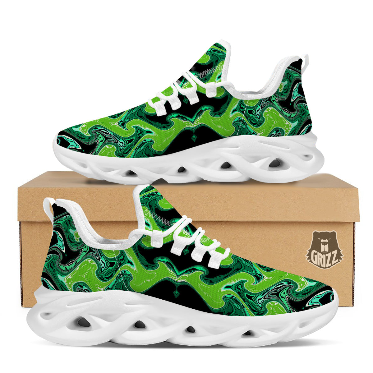 Psychedelic Wave Liquid Green Print White Running Shoes-grizzshop