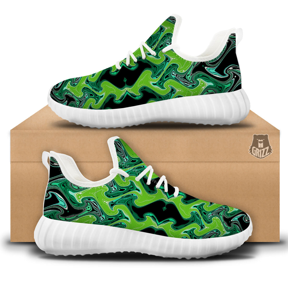 Psychedelic Wave Liquid Green Print White Walking Shoes-grizzshop