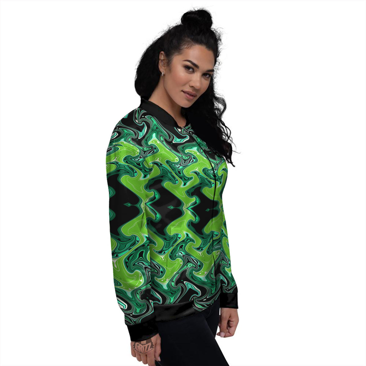 Psychedelic Wave Liquid Green Print Women's Bomber Jacket-grizzshop