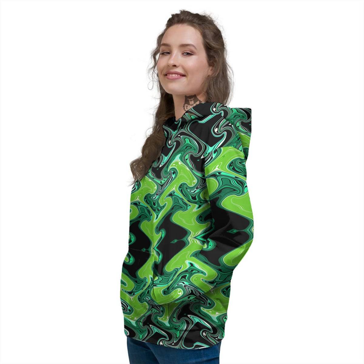 Psychedelic Wave Liquid Green Print Women's Hoodie-grizzshop