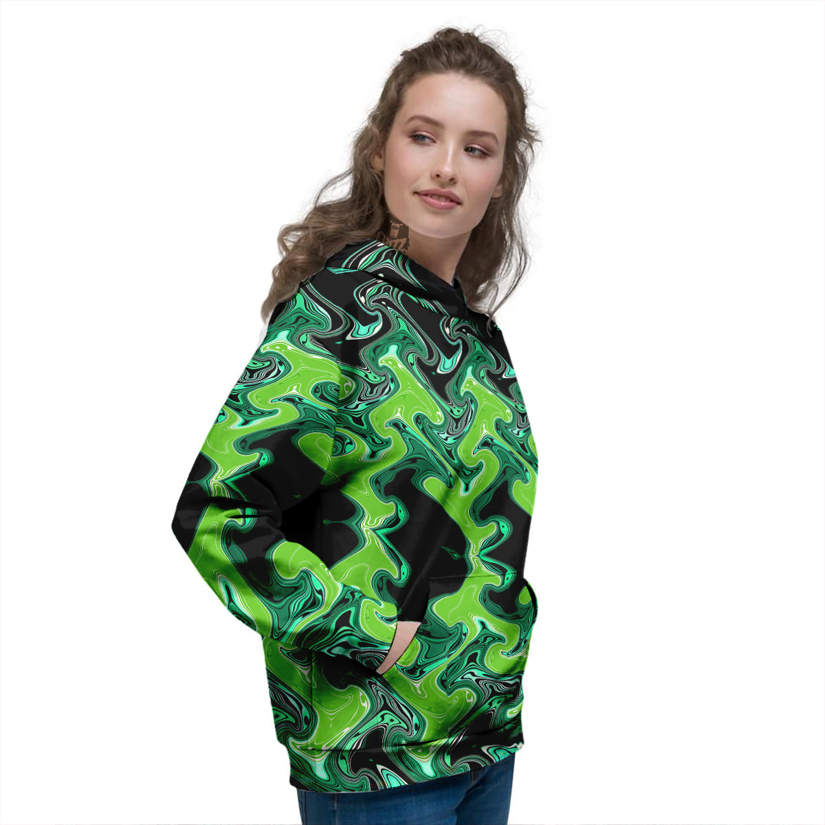 Psychedelic Wave Liquid Green Print Women's Hoodie-grizzshop