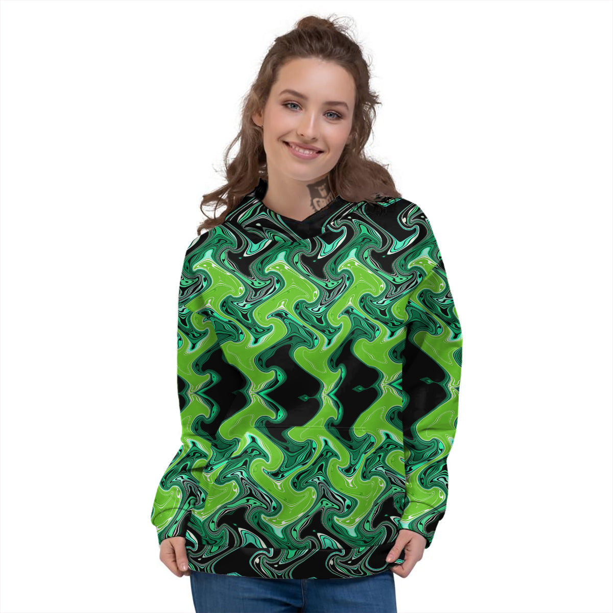 Psychedelic Wave Liquid Green Print Women's Hoodie-grizzshop