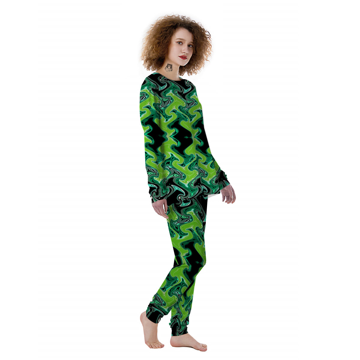 Psychedelic Wave Liquid Green Print Women's Pajamas-grizzshop