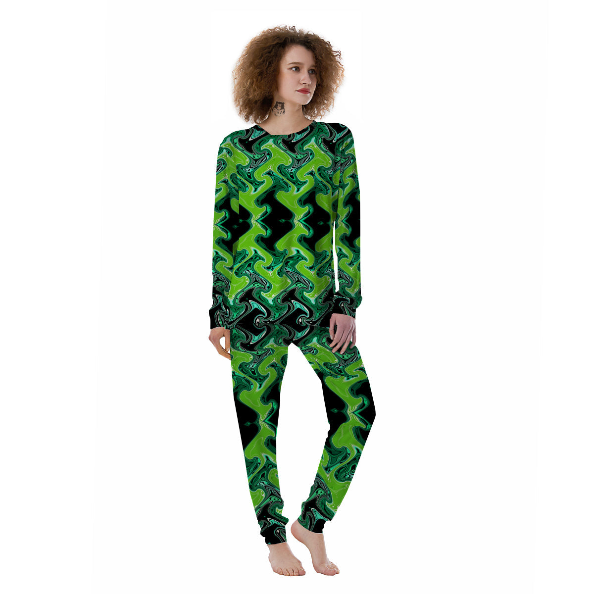 Psychedelic Wave Liquid Green Print Women's Pajamas-grizzshop