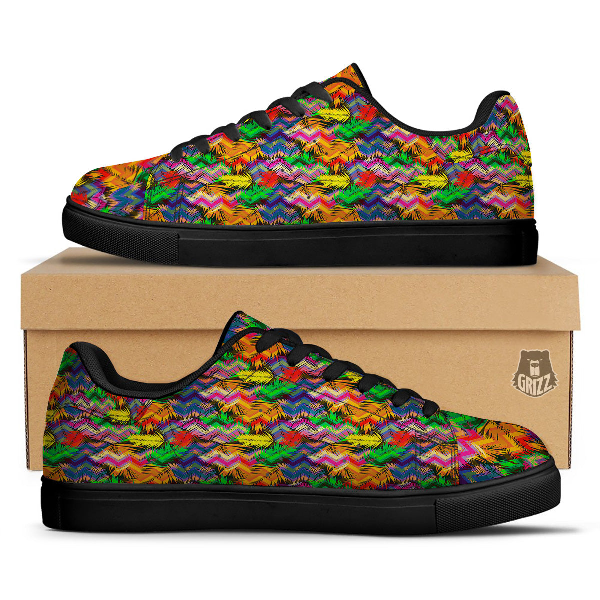 Psychedelic Zigzag Tropical Print Pattern Black Low Top Sneakers-grizzshop
