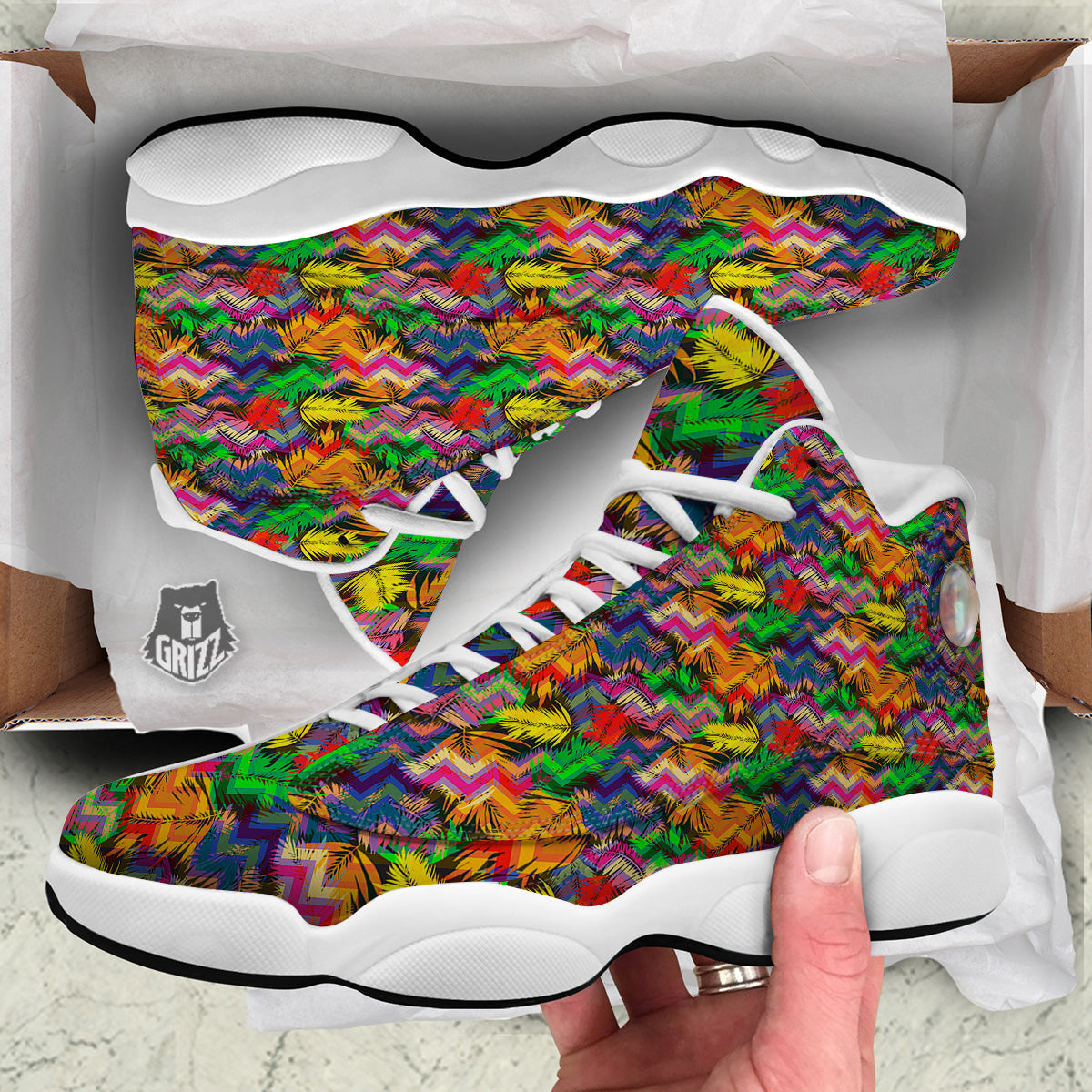 Psychedelic Zigzag Tropical Print Pattern White Basketball Shoes-grizzshop