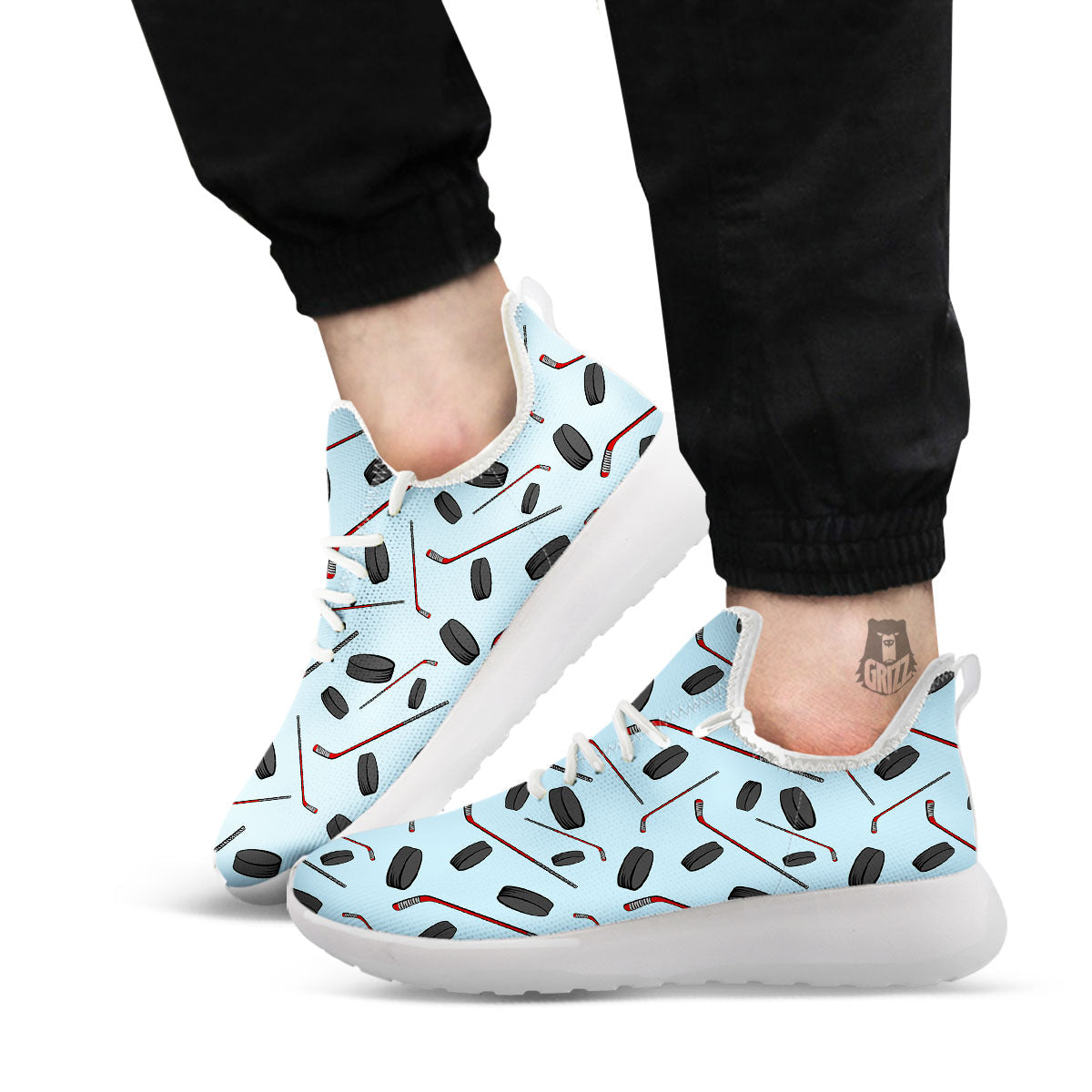 Puck And Hockey Stick Print Pattern White Athletic Shoes-grizzshop