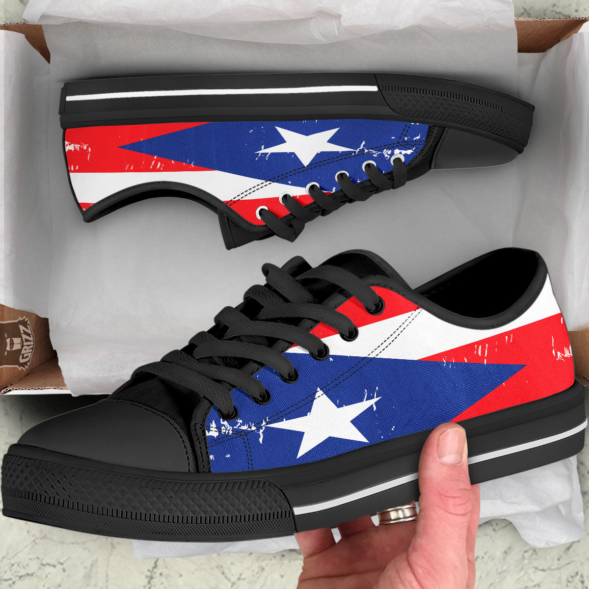 Puerto Rico Flag Print Black Low Top Shoes-grizzshop