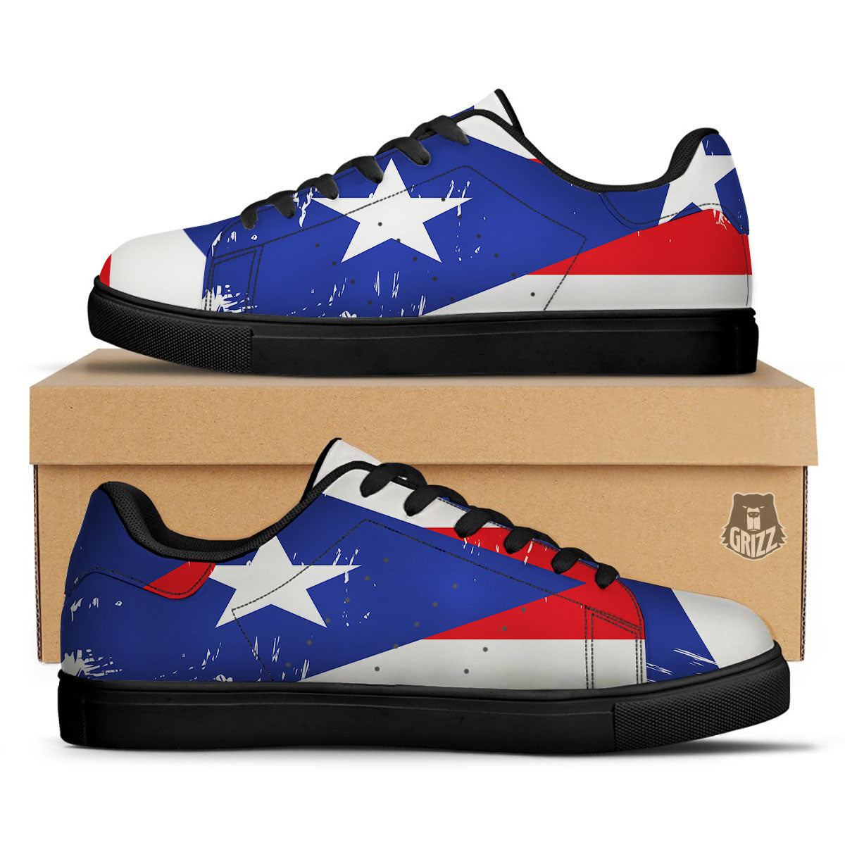 Puerto Rico Flag Print Black Low Top Sneakers-grizzshop