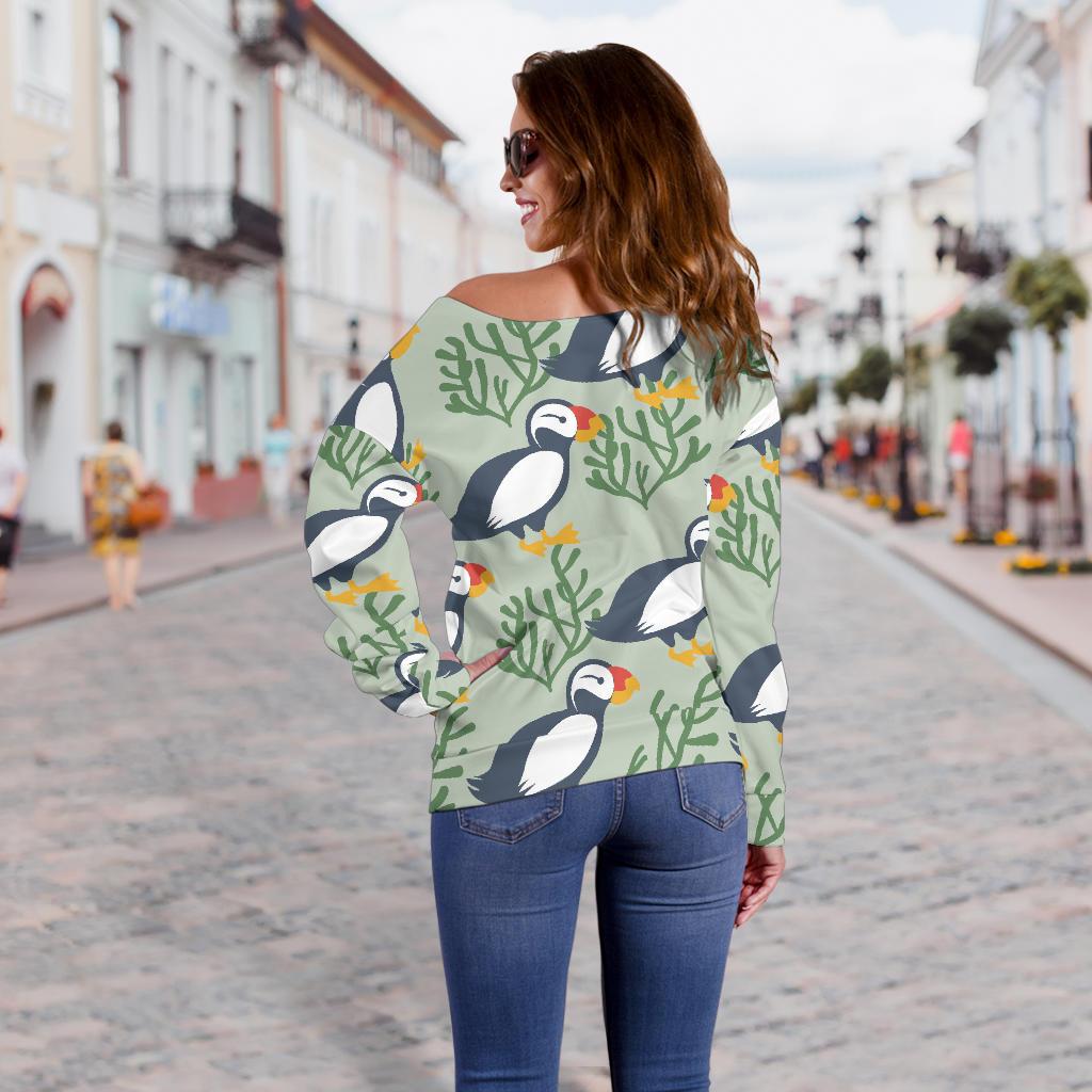 Puffin Cute Pattern Print Women Off Shoulder Sweatshirt-grizzshop