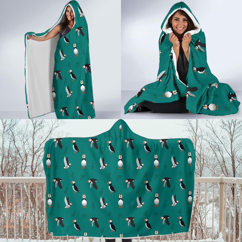 Puffin Pattern Print Hooded Blanket-grizzshop