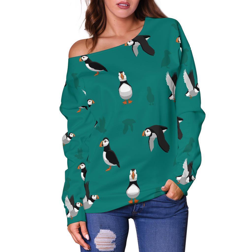 Puffin Pattern Print Women Off Shoulder Sweatshirt-grizzshop