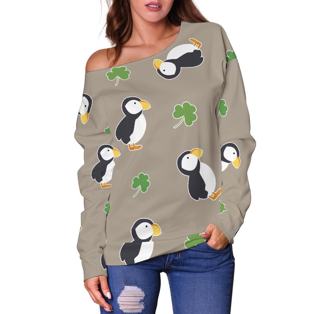 Puffin Print Pattern Women Off Shoulder Sweatshirt-grizzshop
