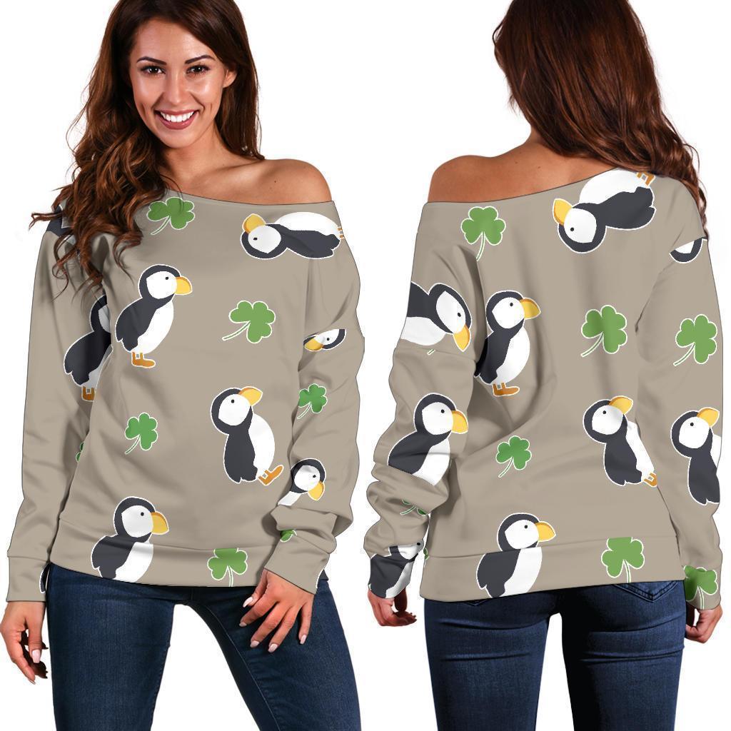 Puffin Print Pattern Women Off Shoulder Sweatshirt-grizzshop