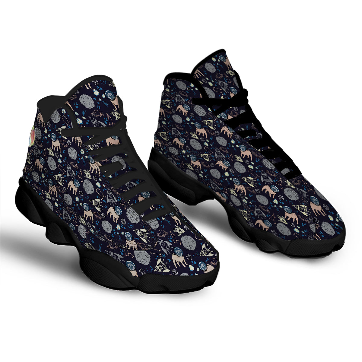 Pug And Astronaut In The Space Print Pattern Black Basketball Shoes-grizzshop
