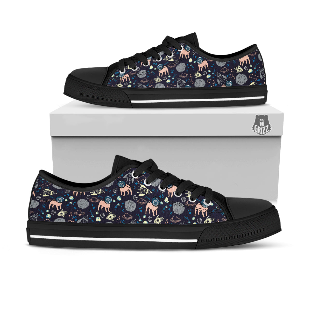 Pug And Astronaut In The Space Print Pattern Black Low Top Shoes-grizzshop