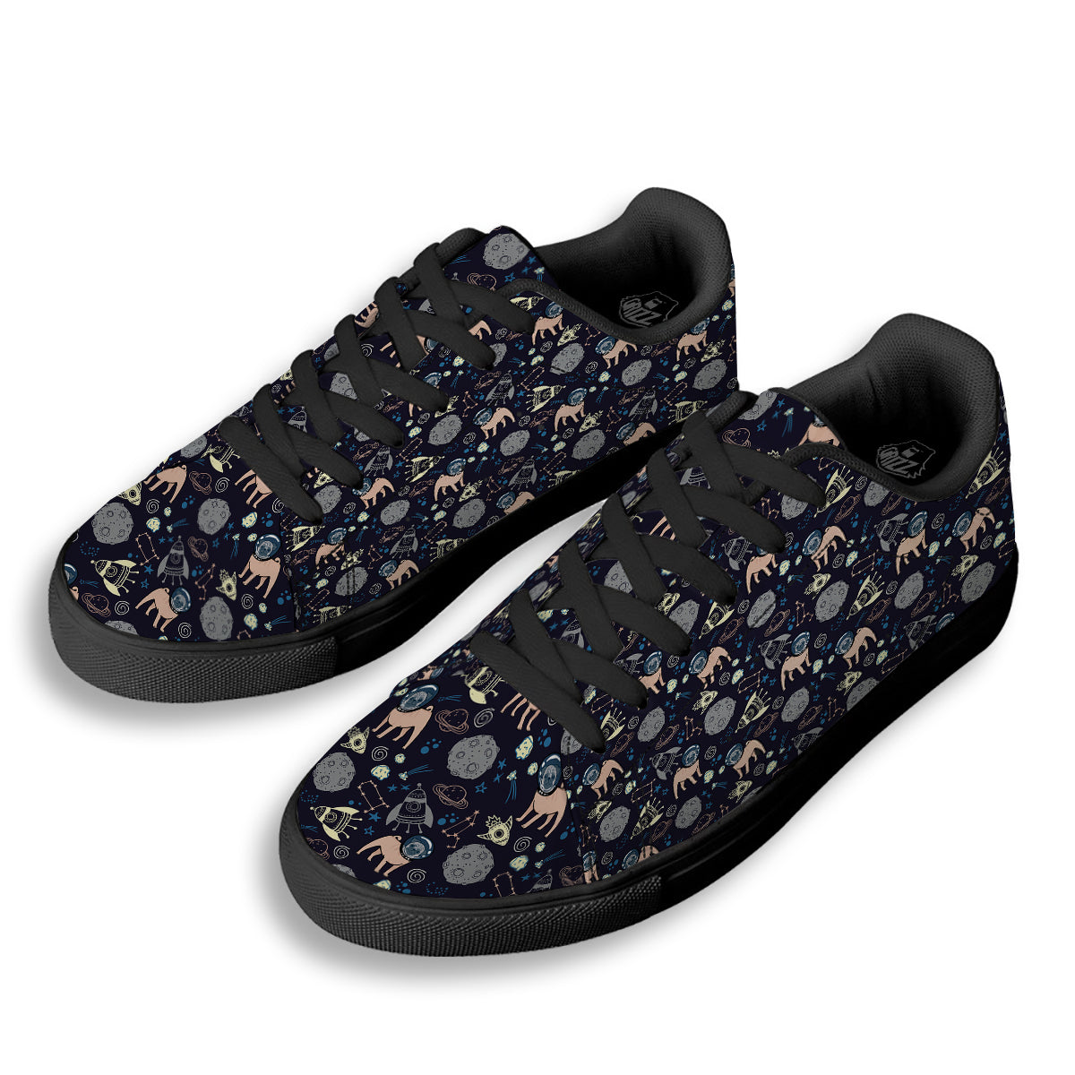 Pug And Astronaut In The Space Print Pattern Black Low Top Sneakers-grizzshop