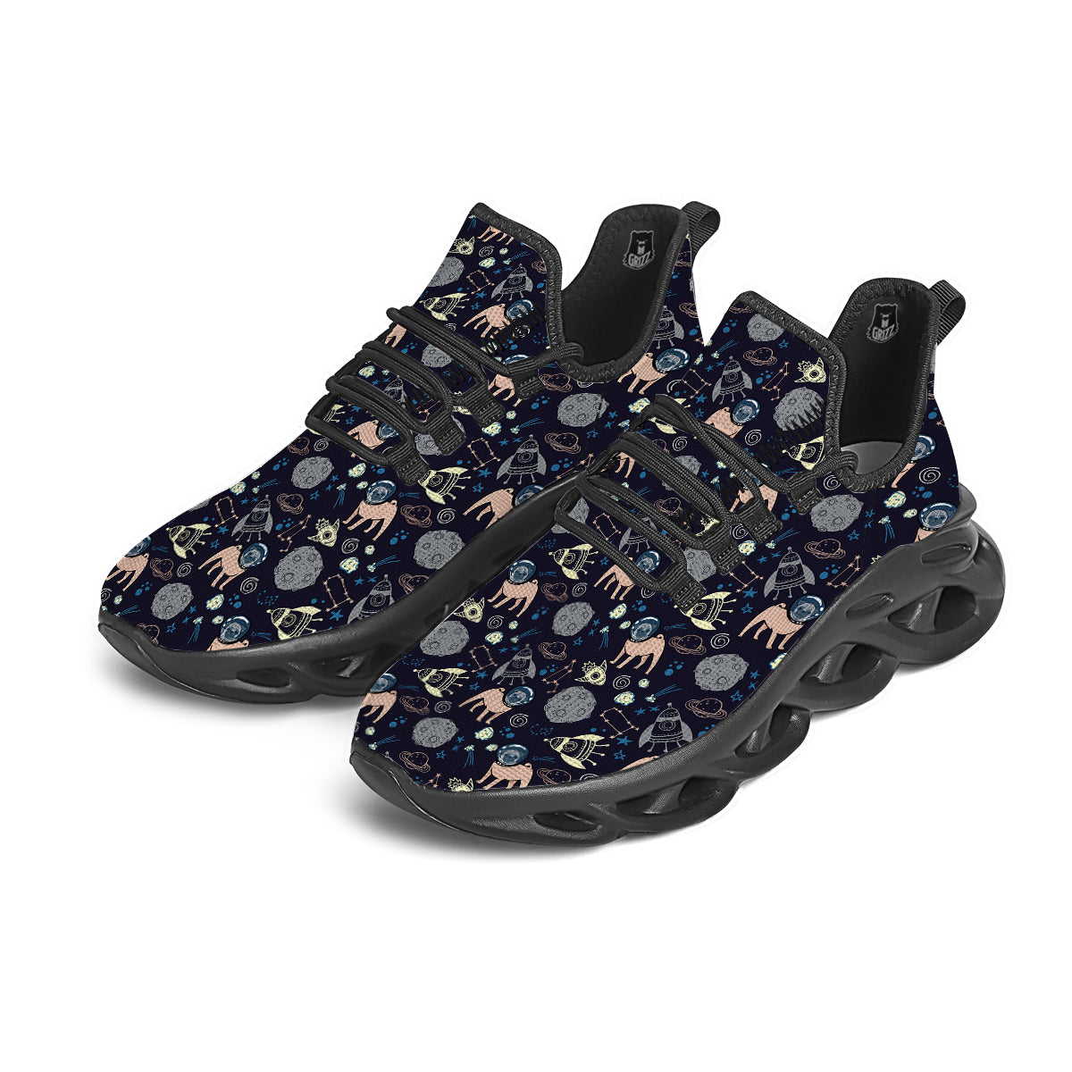 Pug And Astronaut In The Space Print Pattern Black Running Shoes-grizzshop