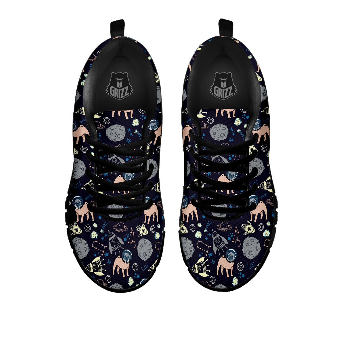 Pug And Astronaut In The Space Print Pattern Black Sneaker-grizzshop