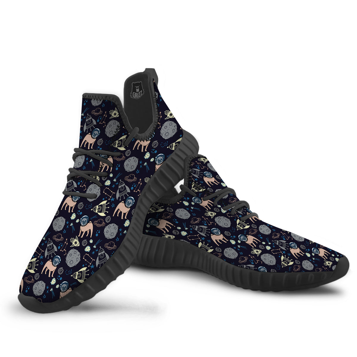 Pug And Astronaut In The Space Print Pattern Black Walking Shoes-grizzshop