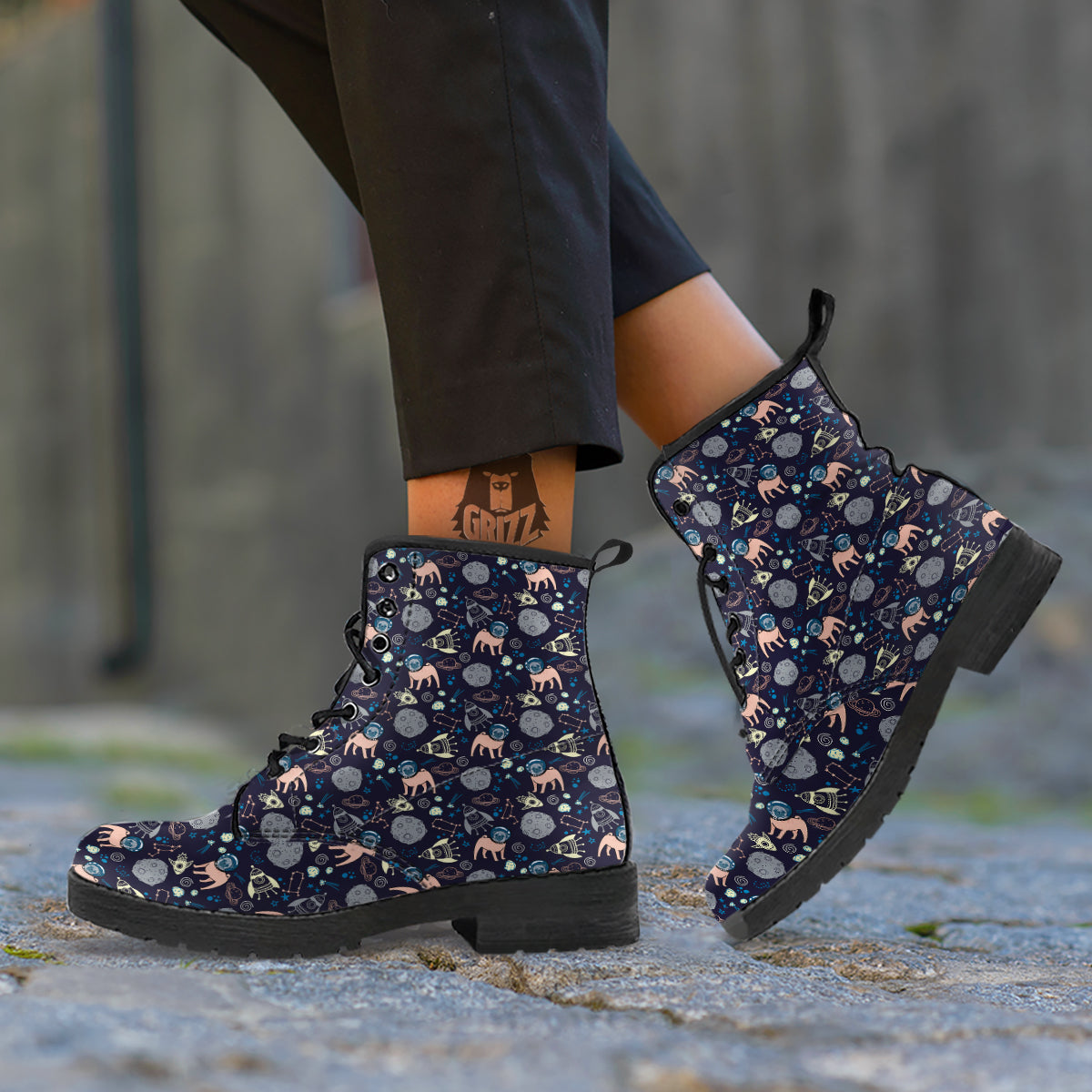 Pug And Astronaut In The Space Print Pattern Leather Boots-grizzshop