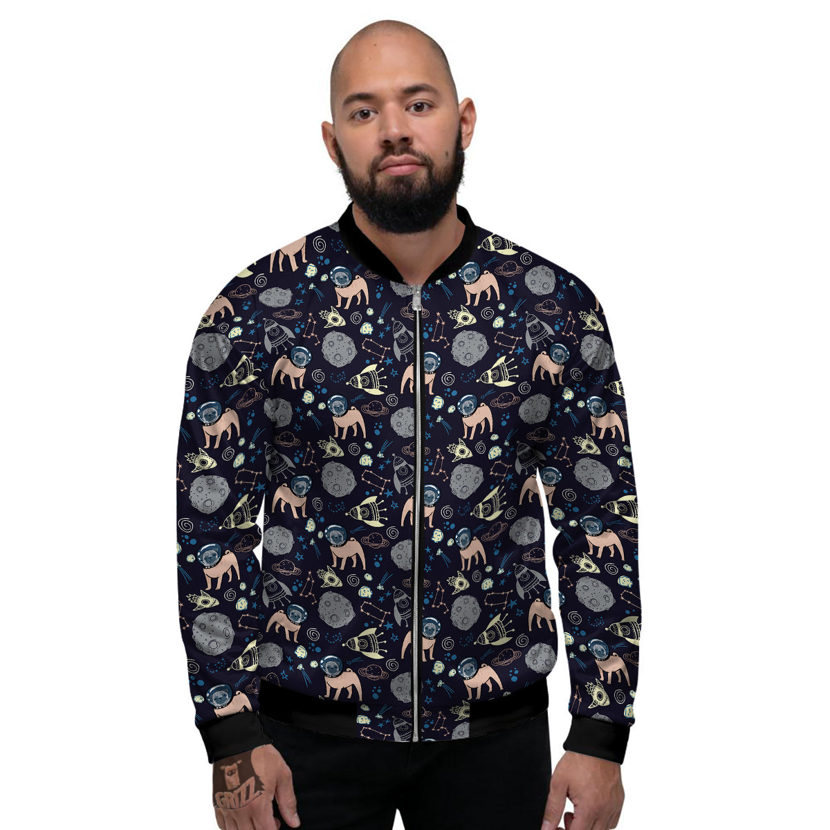 Pug And Astronaut In The Space Print Pattern Men's Bomber Jacket-grizzshop