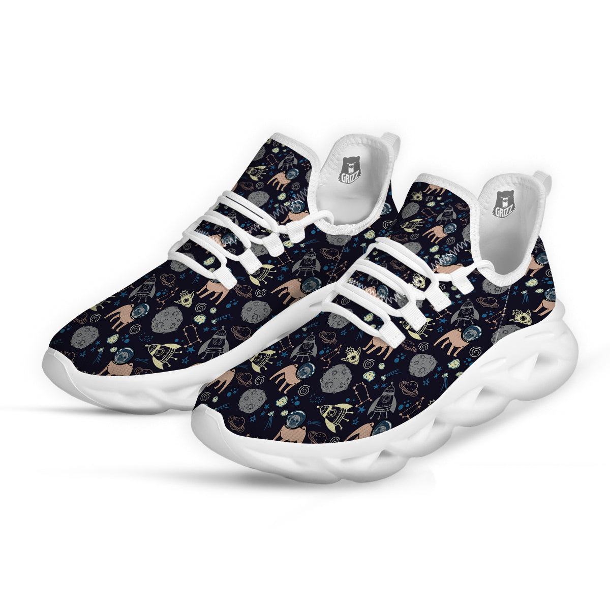 Pug And Astronaut In The Space Print Pattern White Running Shoes-grizzshop