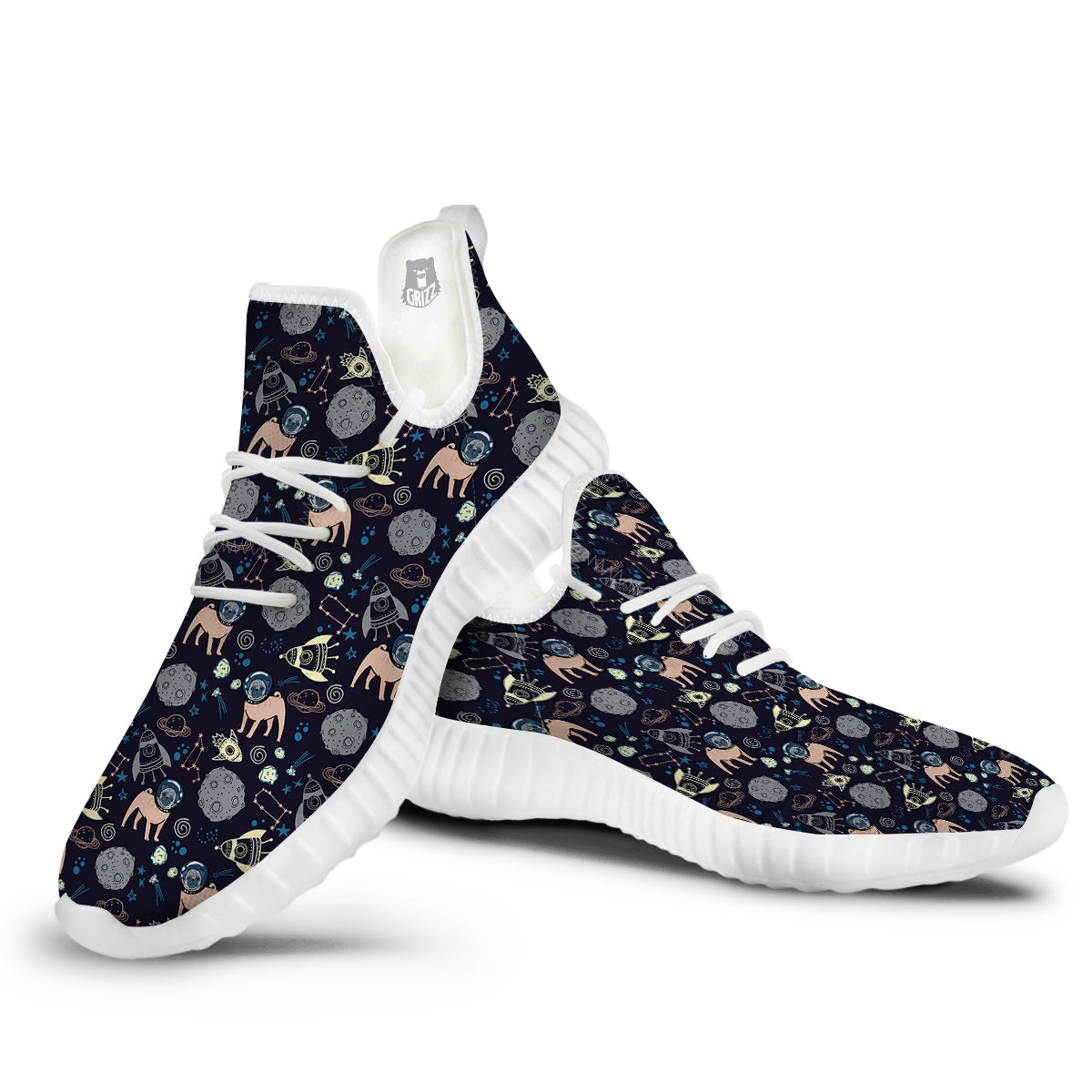 Pug And Astronaut In The Space Print Pattern White Walking Shoes-grizzshop