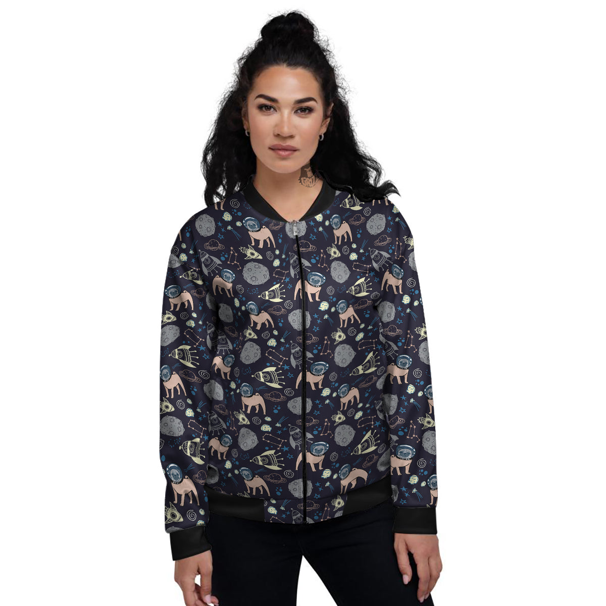Pug And Astronaut In The Space Print Pattern Women's Bomber Jacket-grizzshop