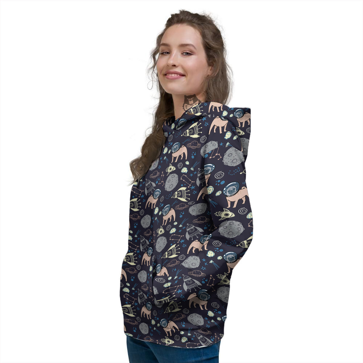 Pug And Astronaut In The Space Print Pattern Women's Hoodie-grizzshop
