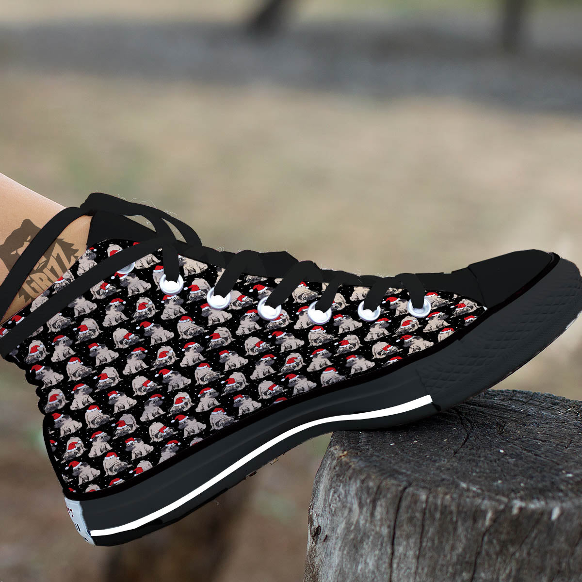Pug Christmas Santa Print Pattern Black High Top Shoes-grizzshop