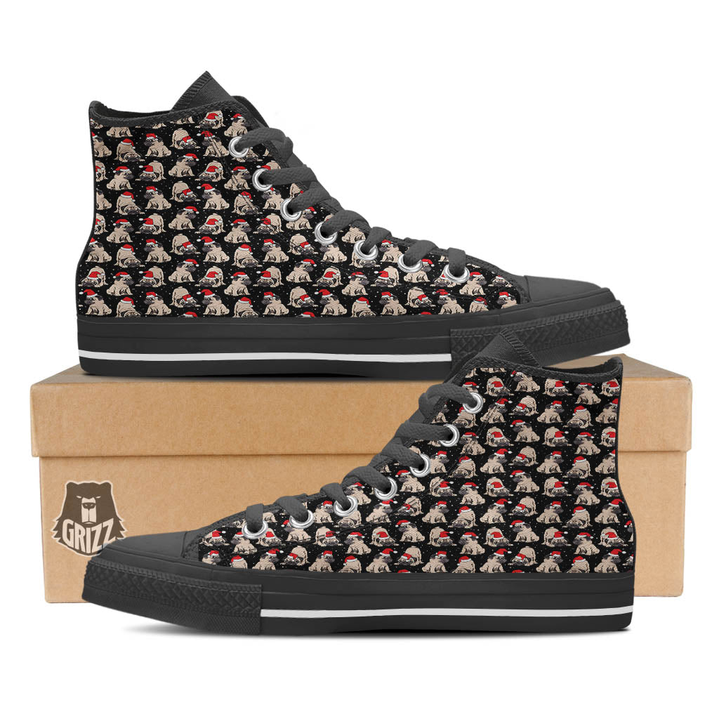 Pug Christmas Santa Print Pattern Black High Top Shoes-grizzshop