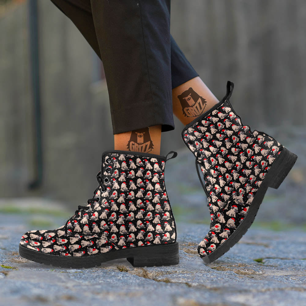 Pug Christmas Santa Print Pattern Leather Boots-grizzshop