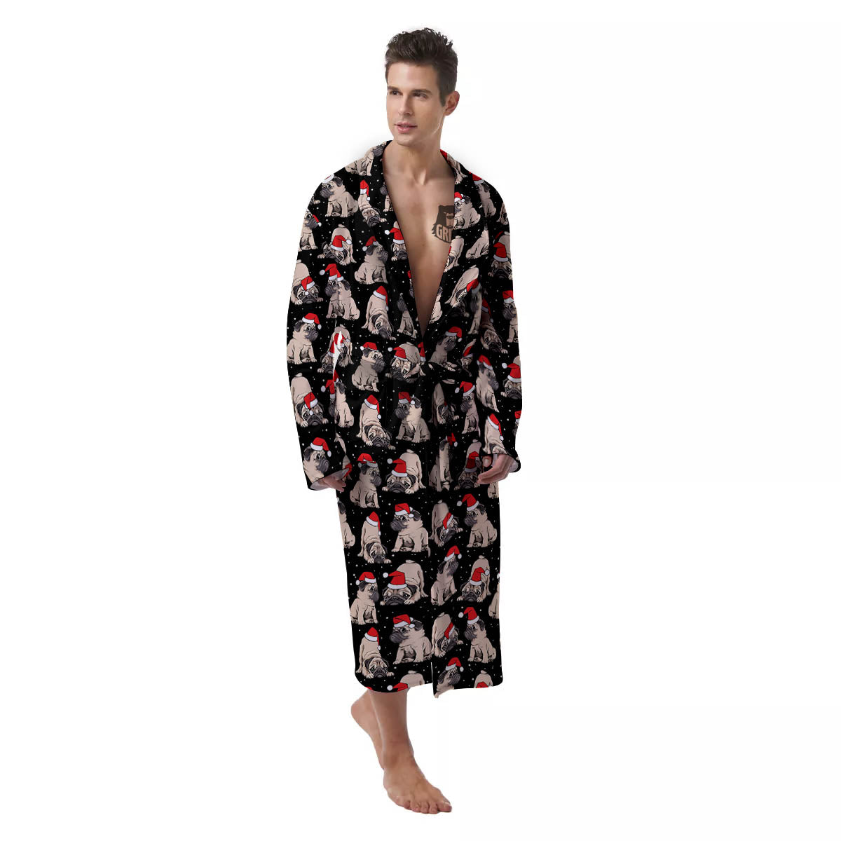 Pug Christmas Santa Print Pattern Men's Robe-grizzshop