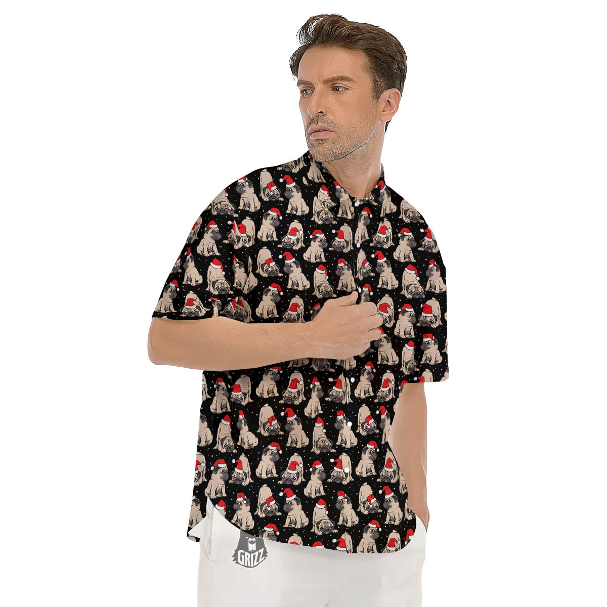 Pug Christmas Santa Print Pattern Men's Short Sleeve Shirts-grizzshop