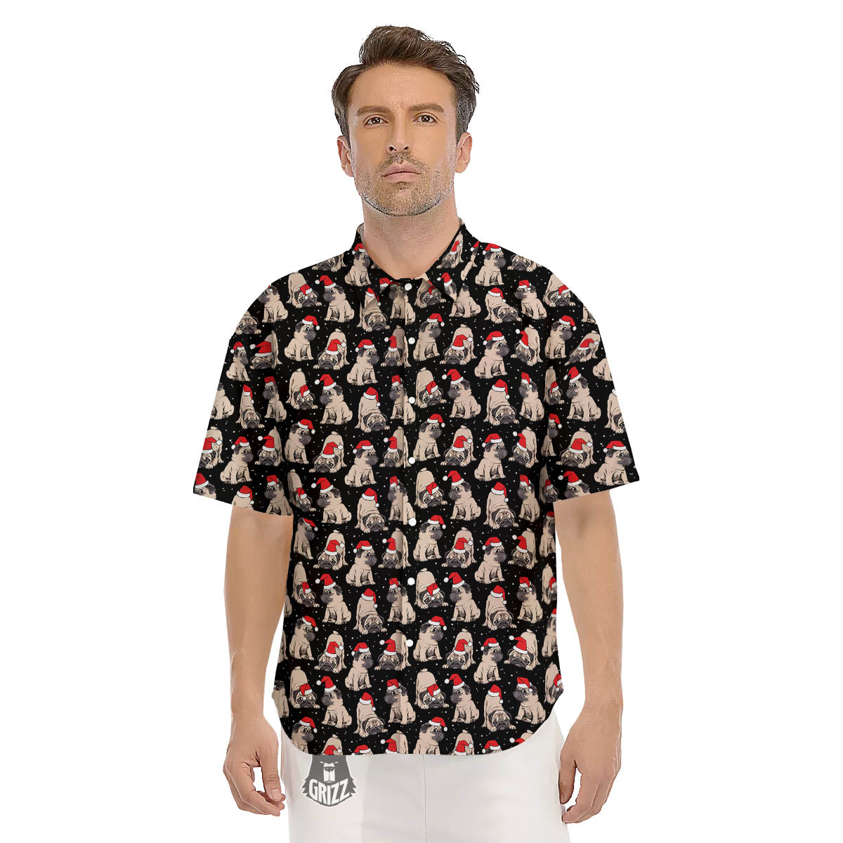 Pug Christmas Santa Print Pattern Men's Short Sleeve Shirts-grizzshop