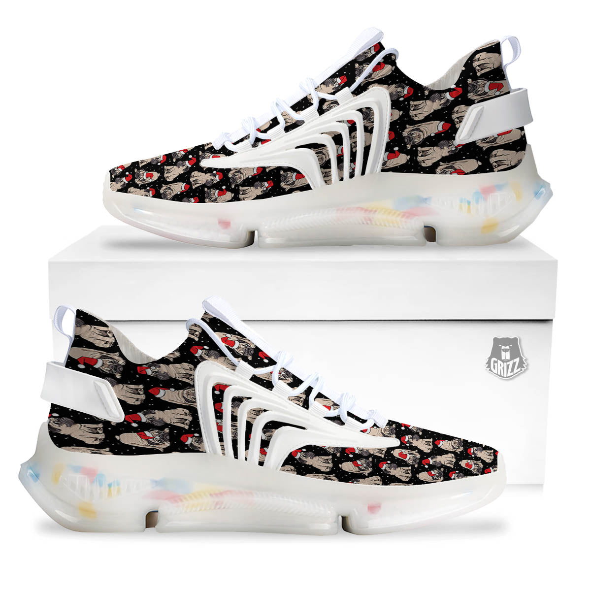 Pug Christmas Santa Print Pattern White Gym Shoes-grizzshop