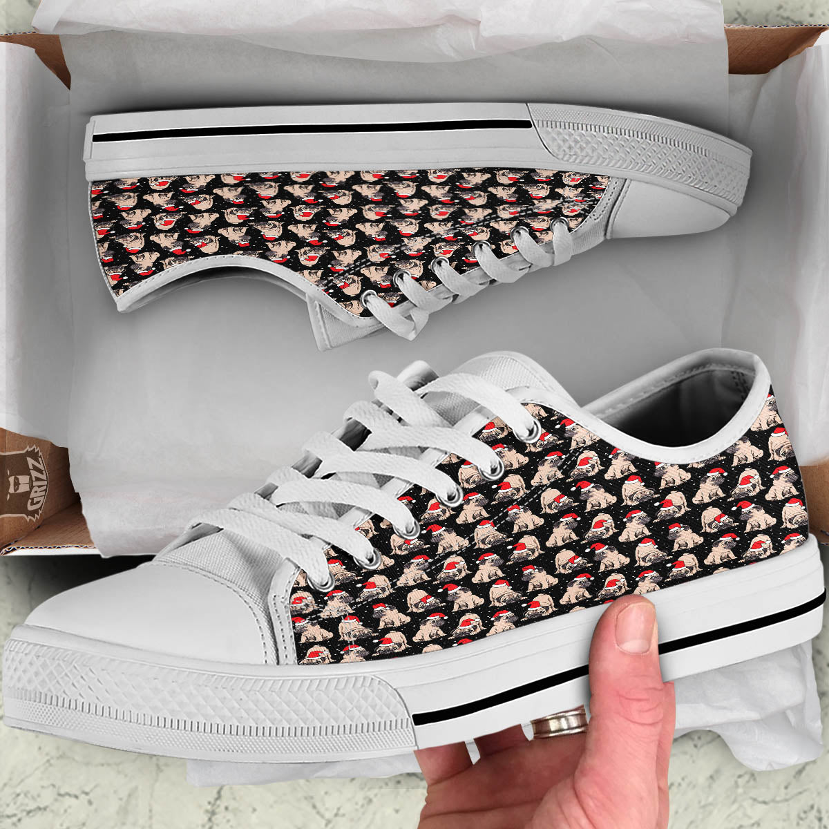 Pug Christmas Santa Print Pattern White Low Top Shoes-grizzshop