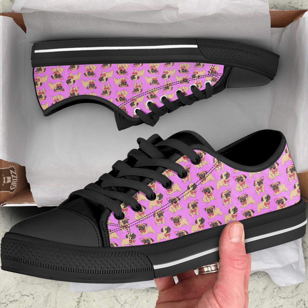 Pug Cute Print Pattern Black Low Top Shoes-grizzshop