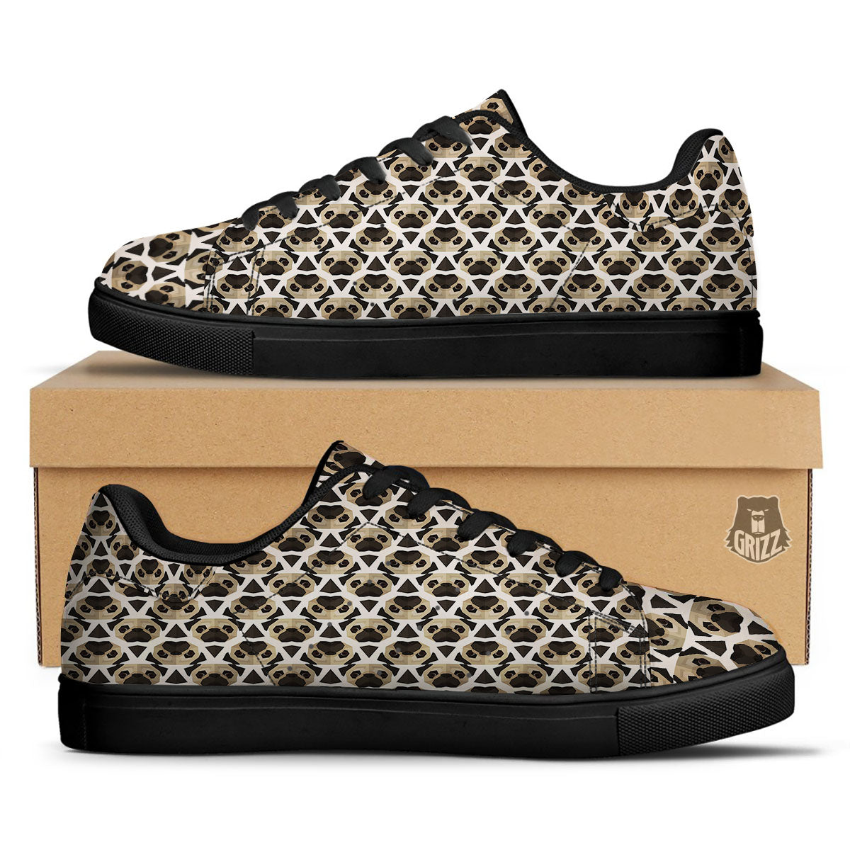 Pug Geometric Print Pattern Black Low Top Sneakers-grizzshop