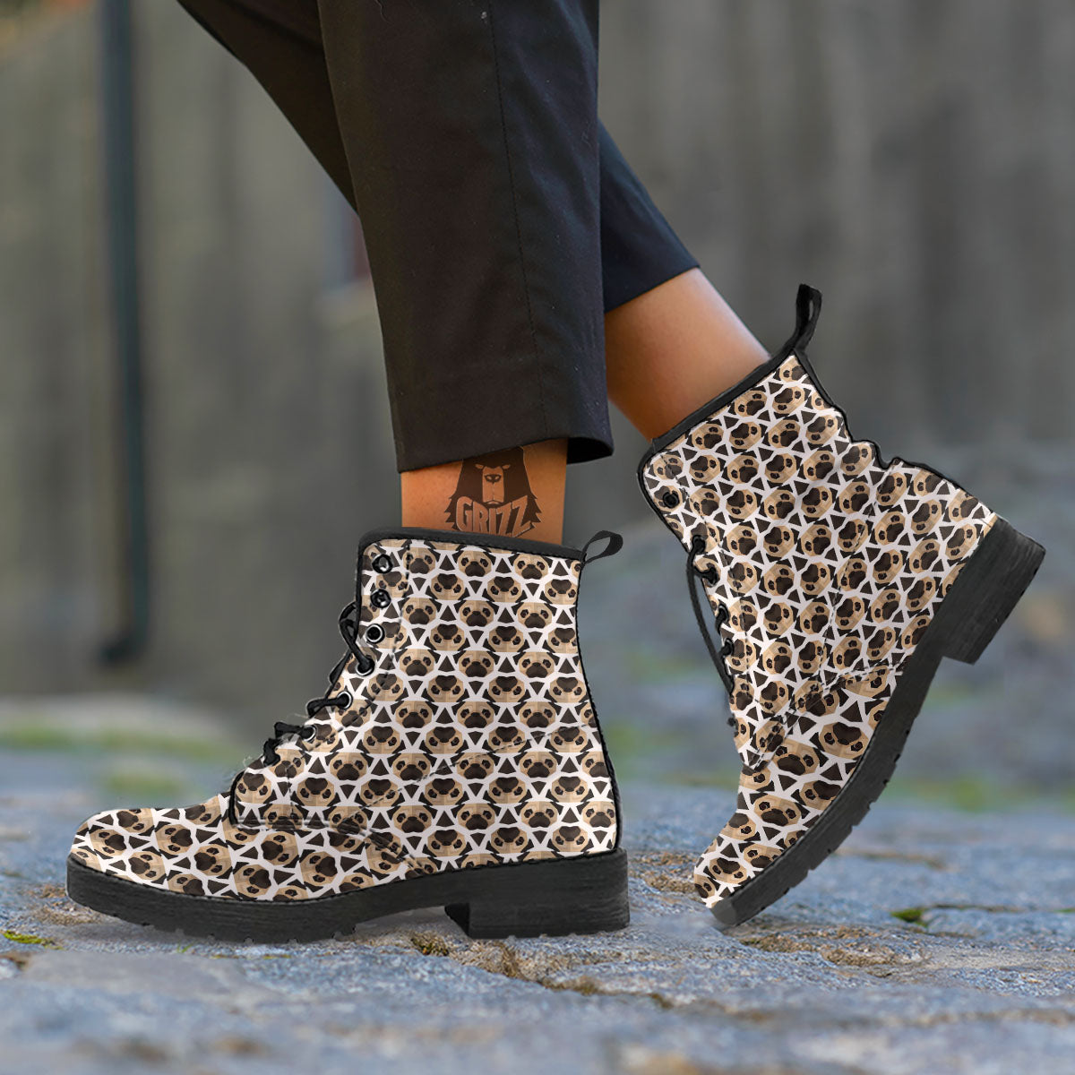 Pug Geometric Print Pattern Leather Boots-grizzshop