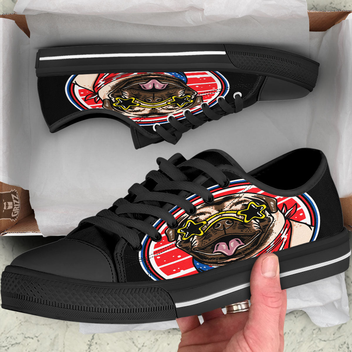 Pug Hipster Print Black Low Top Shoes-grizzshop