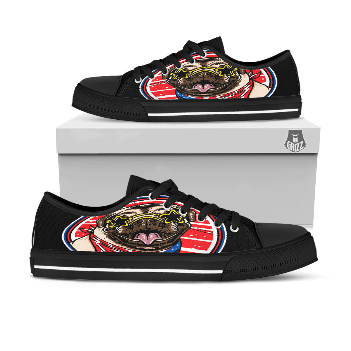 Pug Hipster Print Black Low Top Shoes-grizzshop